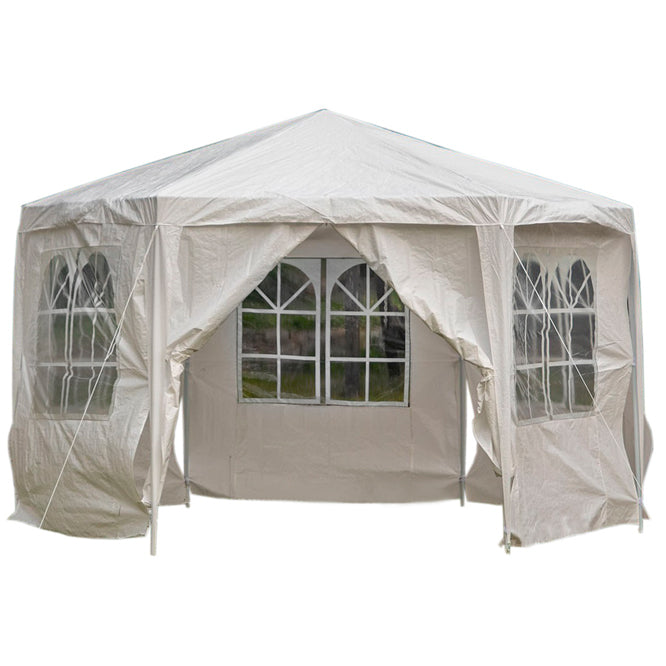 Pavilion/foisor de gradina hexagonal, Zola, 2 x 2 x 2.6 m, pereti detasabili, snururi de fixare, cadru din otel, polietilena, 90 g/m2, alb Pavilion/foisor de gradina hexagonal, Zola, 2 x 2 x 2.6 m, pereti detasabili, snururi de fixare, cadru din otel, polietilena, 90 g/m2, alb
